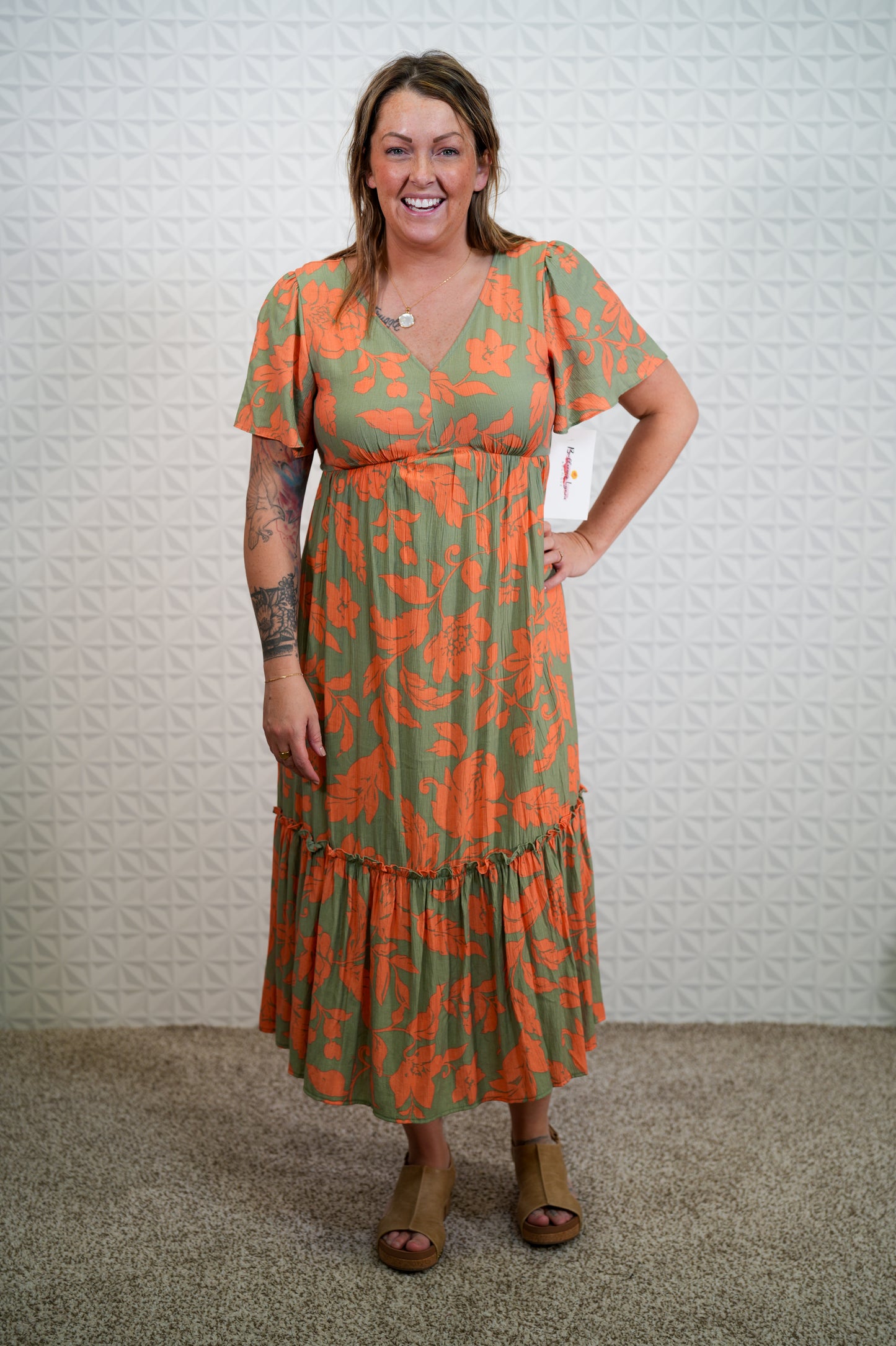 Voile Maxi Dress - Short Sleeve - Sage and Orange Floral