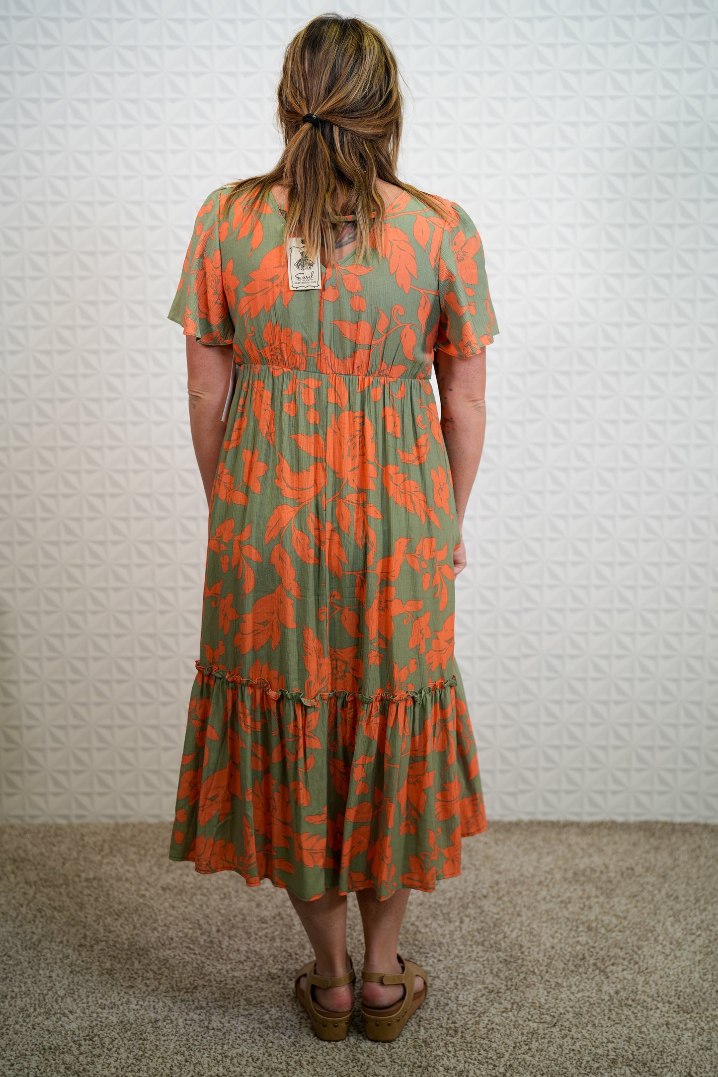 Voile Maxi Dress - Short Sleeve - Sage and Orange Floral