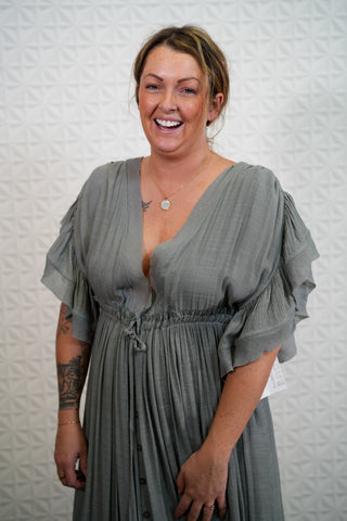 Button Down Ruffle Maxi Dress - Earl Grey - Buttercup Lynne Boutique