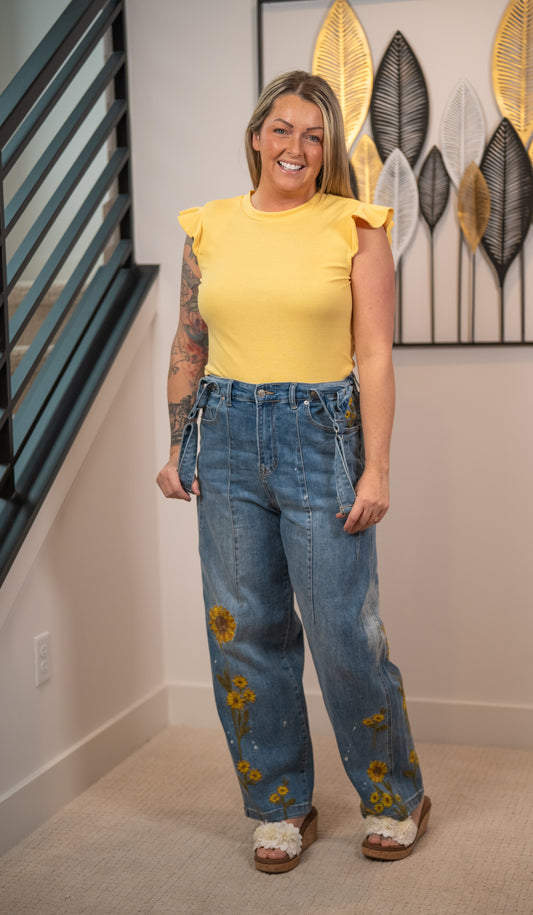 Gilli Dusty Yellow Ruffle Sleeve Top