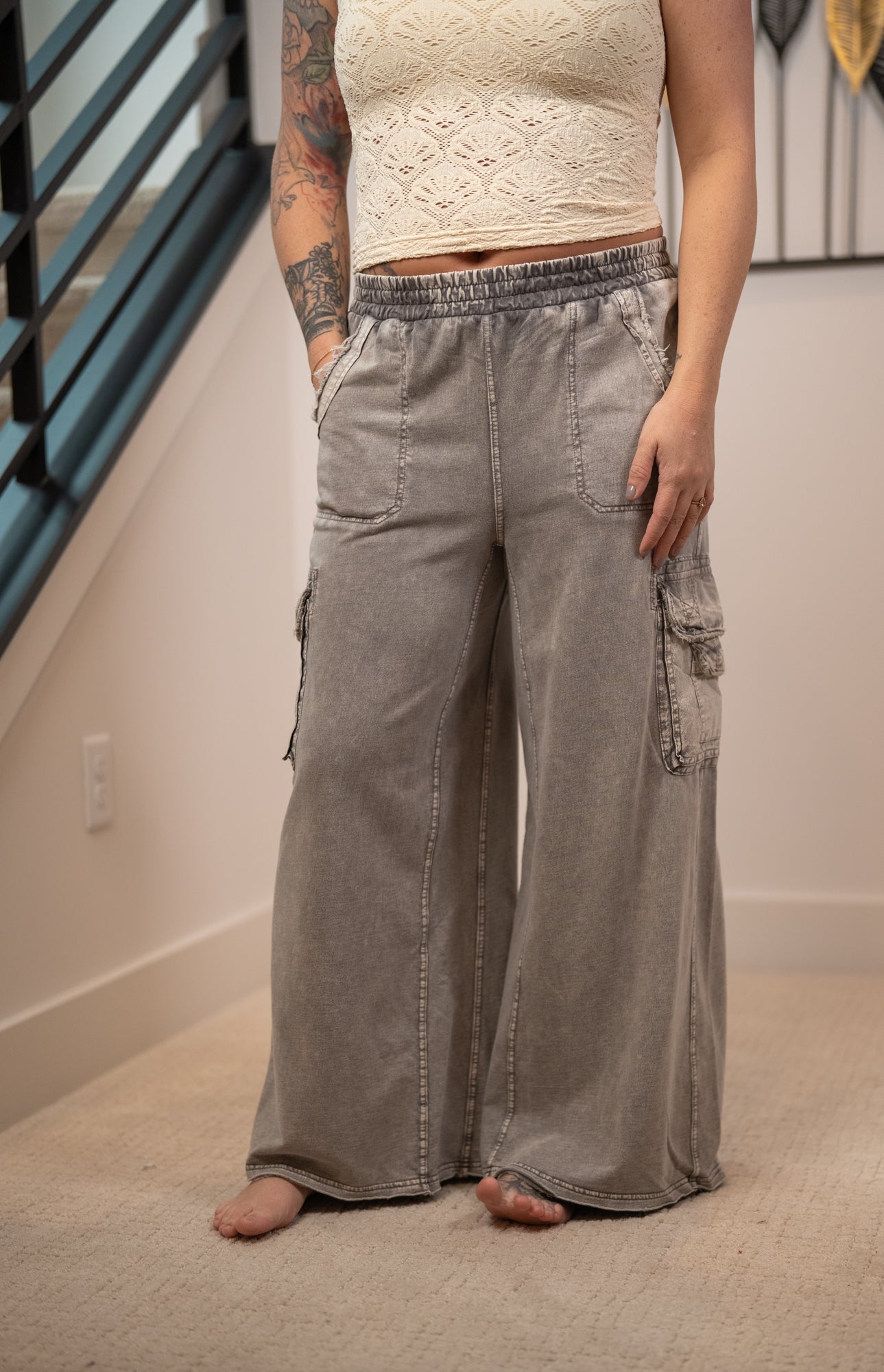 Easel Washed Terry Knit Cargo Pants