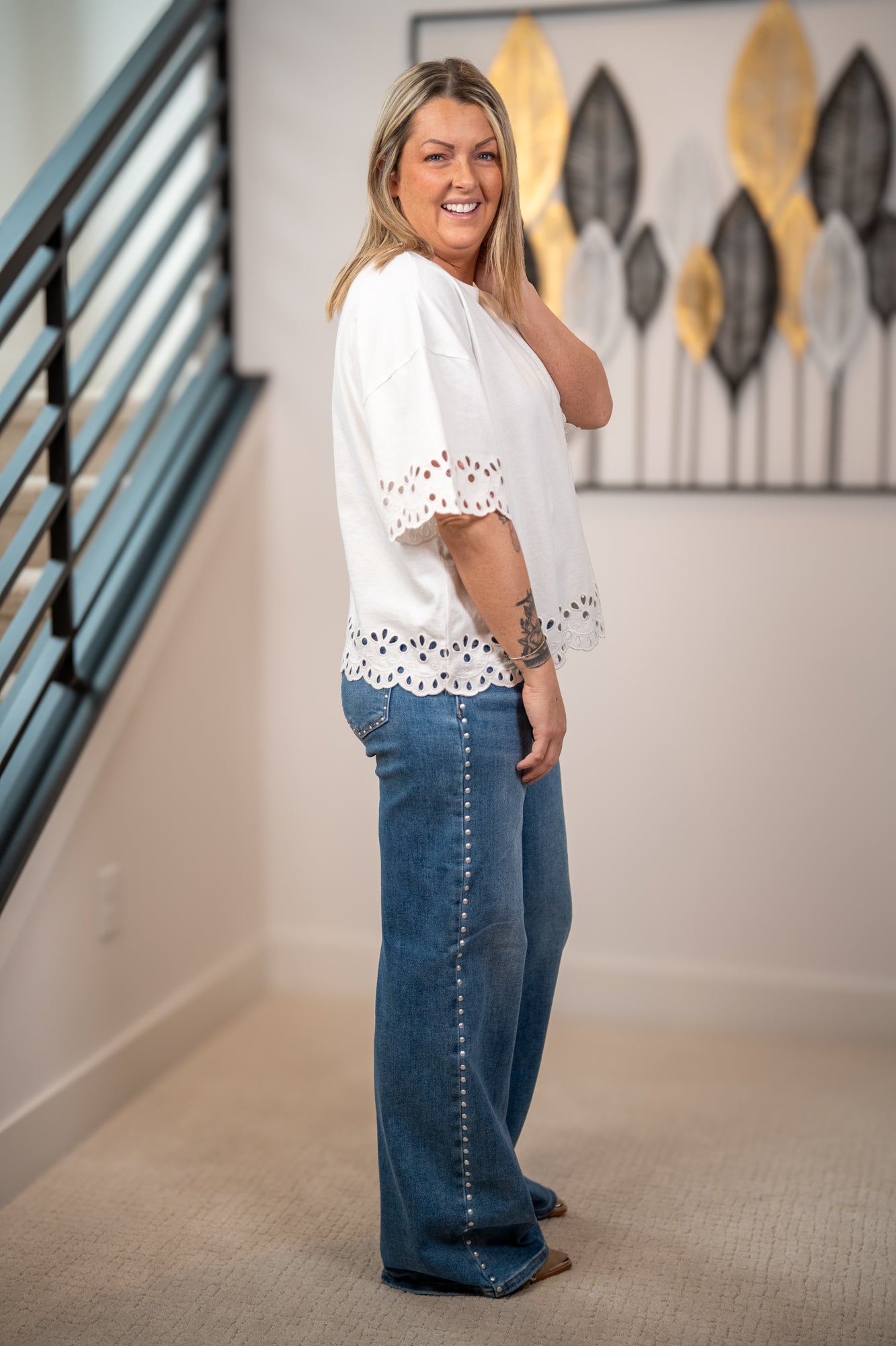 Easel white eyelet embroidered hem top with scalloped trim and loose silhouette