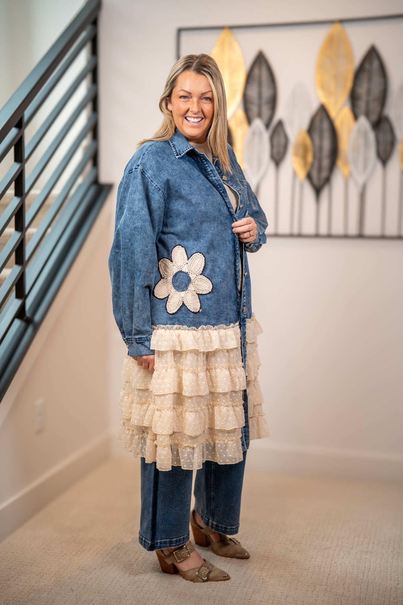 Mello Floral Patch Denim Shirt Dress with Lace Ruffle Hem