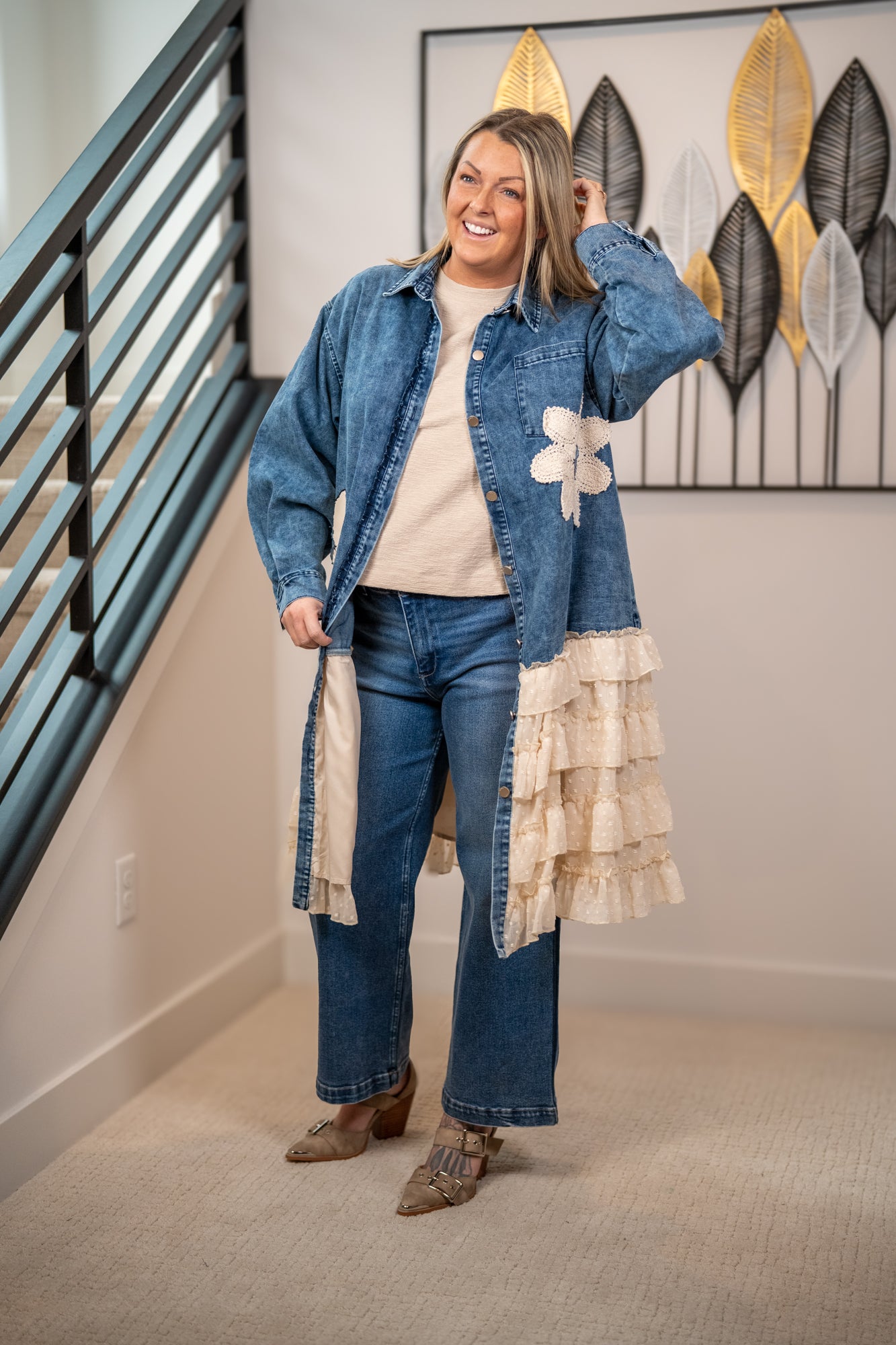 Mello Floral Patch Denim Shirt Dress with Lace Ruffle Hem