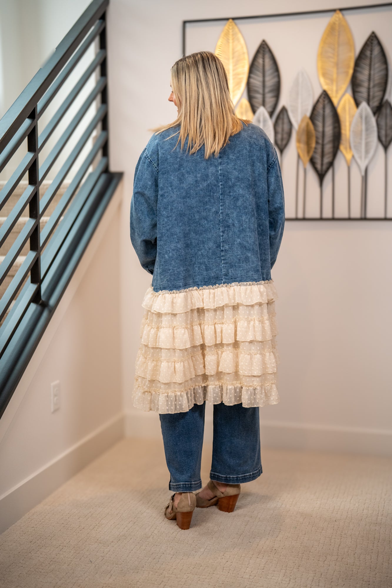 Mello Floral Patch Denim Shirt Dress with Lace Ruffle Hem