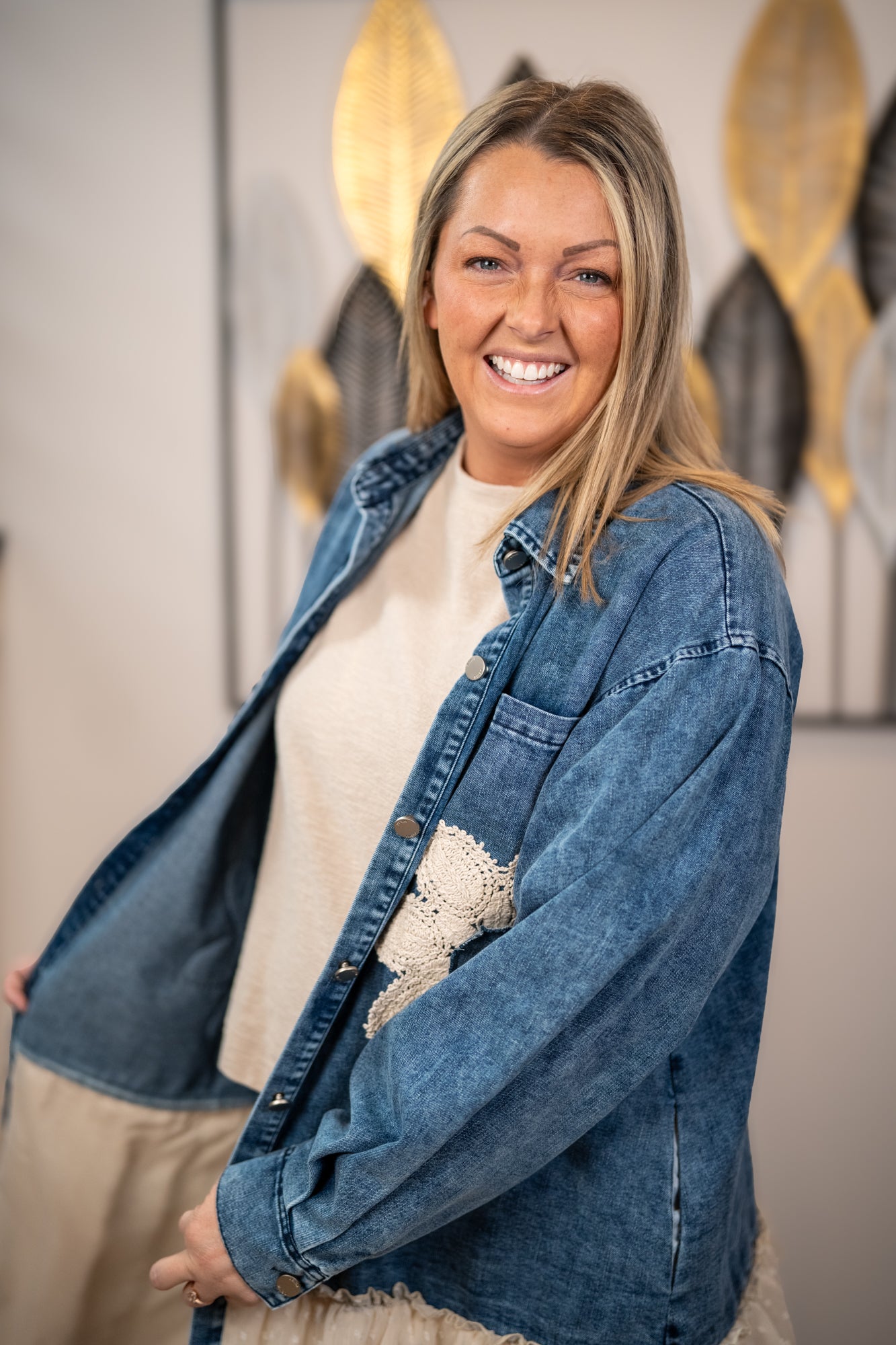 Mello Floral Patch Denim Shirt Dress with Lace Ruffle Hem