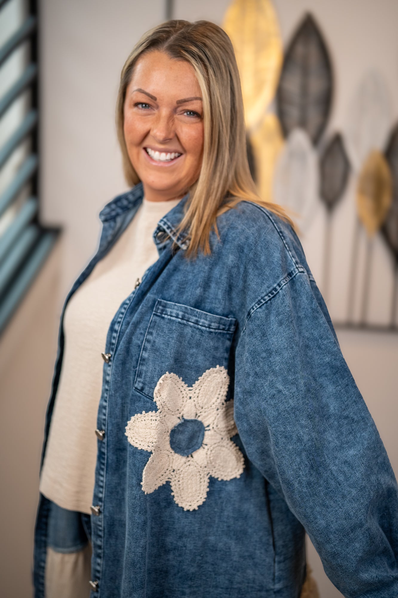 Mello Floral Patch Denim Shirt Dress with Lace Ruffle Hem