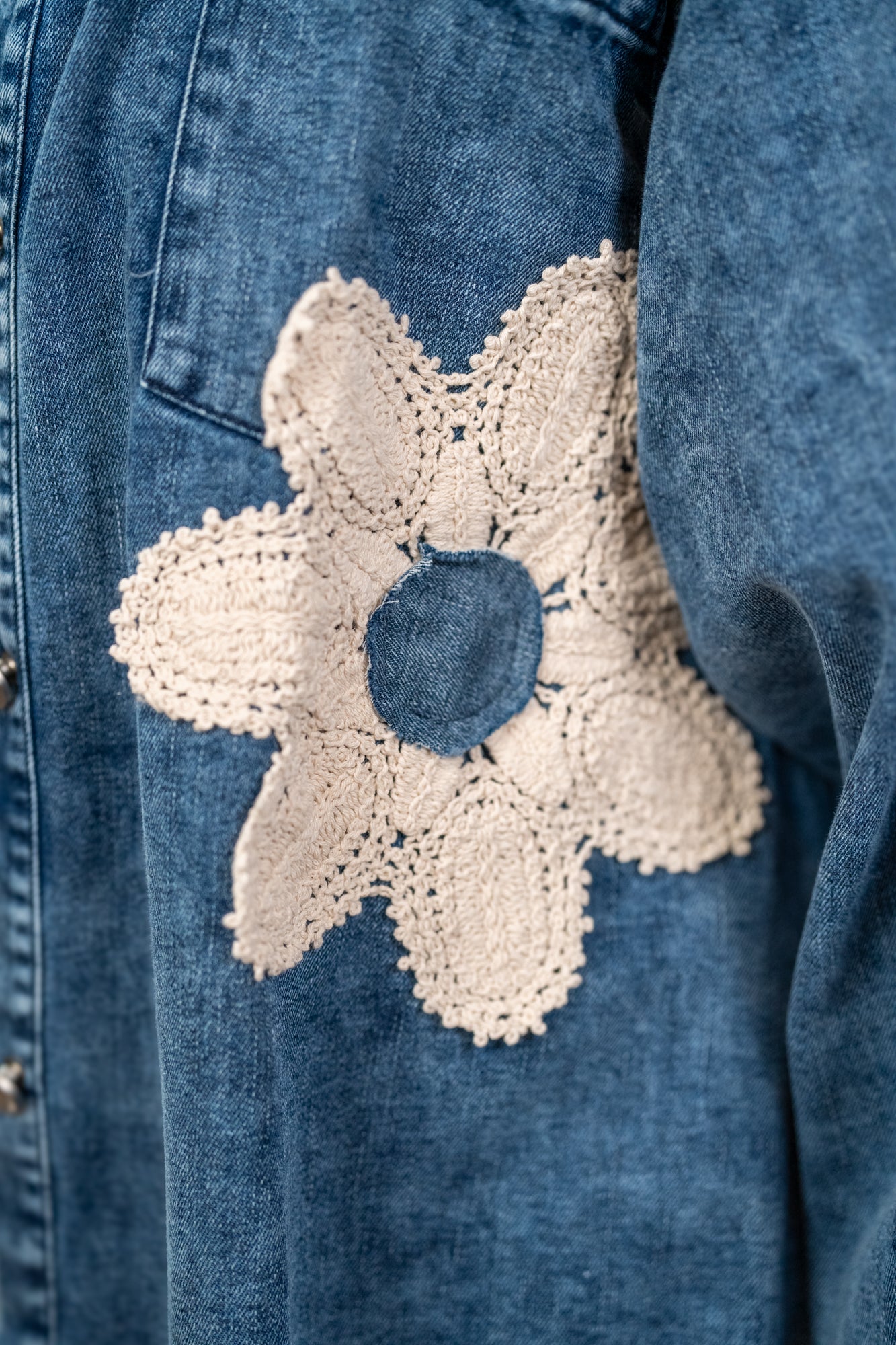 Mello Floral Patch Denim Shirt Dress with Lace Ruffle Hem