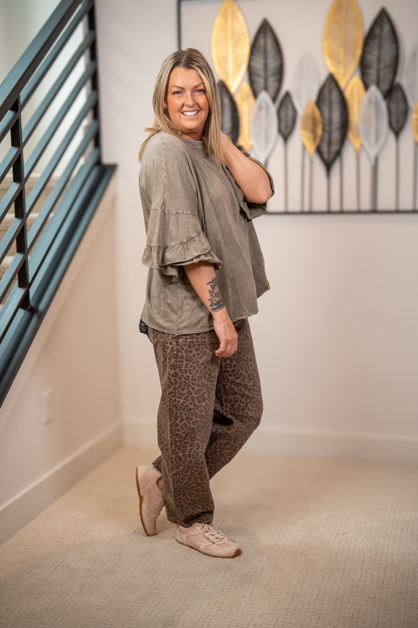 Easel Wing Ruffle Sleeves Washed Cotton Slub Top