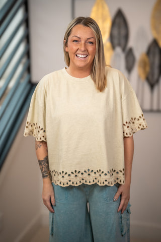 Easel khaki eyelet embroidered hem top with scalloped trim and loose silhouette