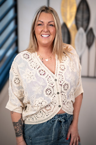 Boho Crochet V-Neck Cardigan – Lightweight Cotton Layer | POL