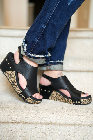 Corkys Black Floral Wrap Carley Wedge Sandals - Buttercup Lynne Boutique