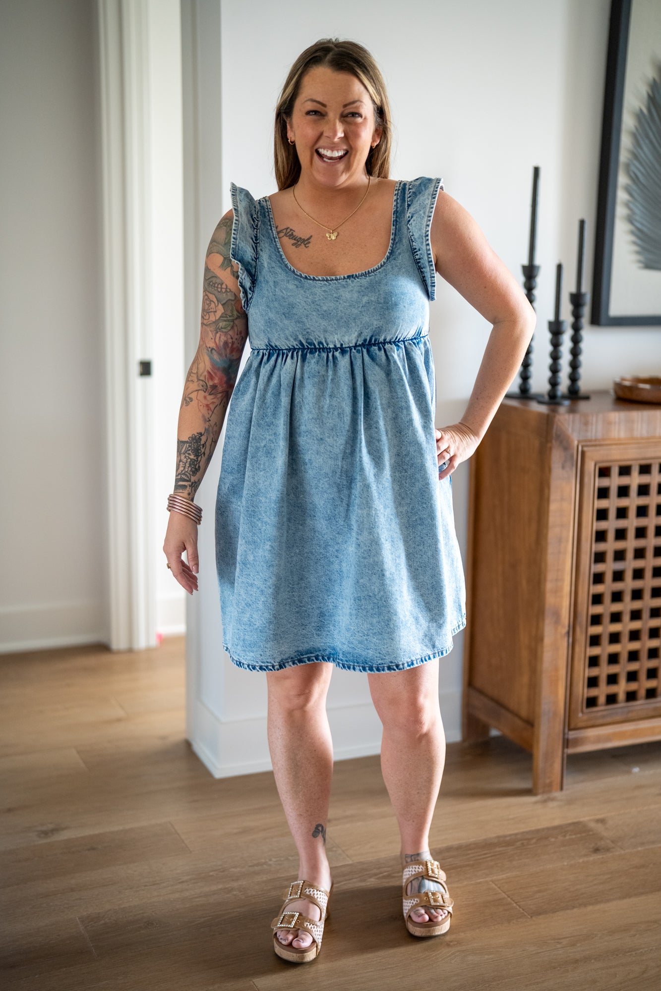 Denim Ruffle Sleeve Mini Dress – Wishlist - Buttercup Lynne Boutique