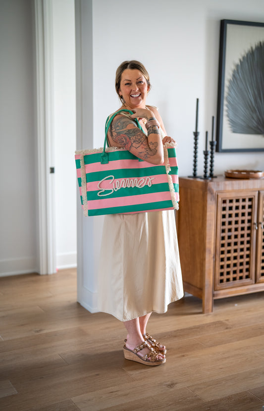 Bubble Gum & Mint Striped Summer Tote – Canvas Bag with Rope Lettering