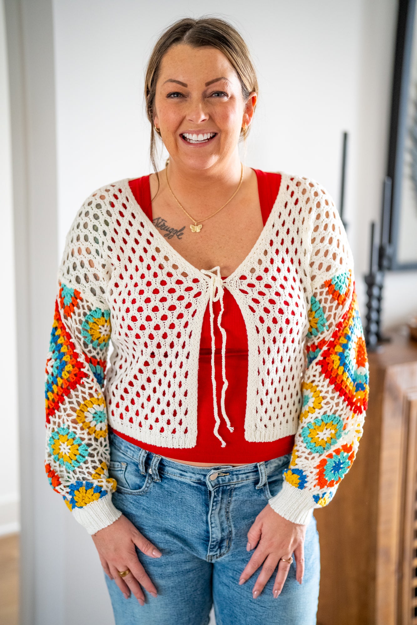 Embroidered Sleeve Cropped Cardigan with Front Tie - Buttercup Lynne Boutique