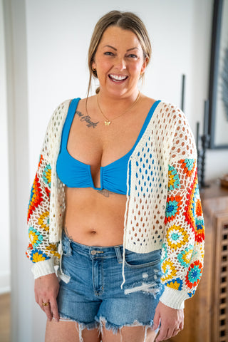 Embroidered Sleeve Cropped Cardigan with Front Tie - Buttercup Lynne Boutique