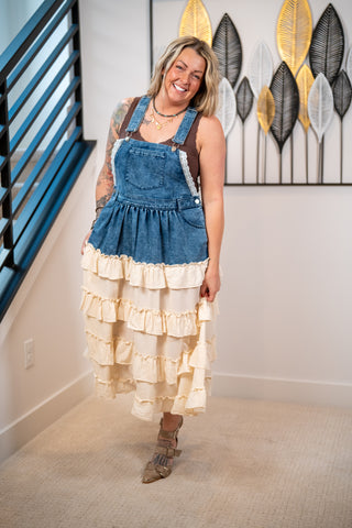 Mello Denim Overall Dress with Ruffle Skirt