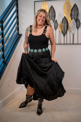 Black Handkerchief Hem Satin Maxi Skirt – Boho Flowy  Lovestitch