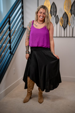 Black Handkerchief Hem Satin Maxi Skirt – Boho Flowy  Lovestitch