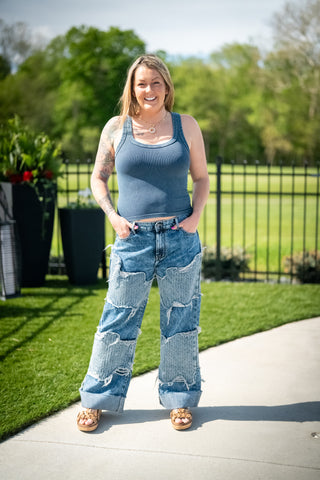 Knit Patch Mineral Washed Distressed Jeans - Buttercup Lynne Boutique