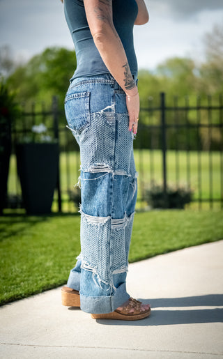 Knit Patch Mineral Washed Distressed Jeans - Buttercup Lynne Boutique