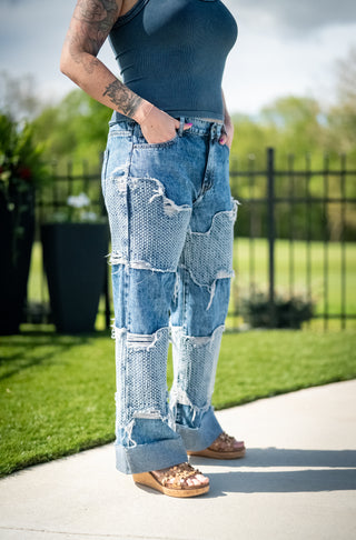 Knit Patch Mineral Washed Distressed Jeans - Buttercup Lynne Boutique