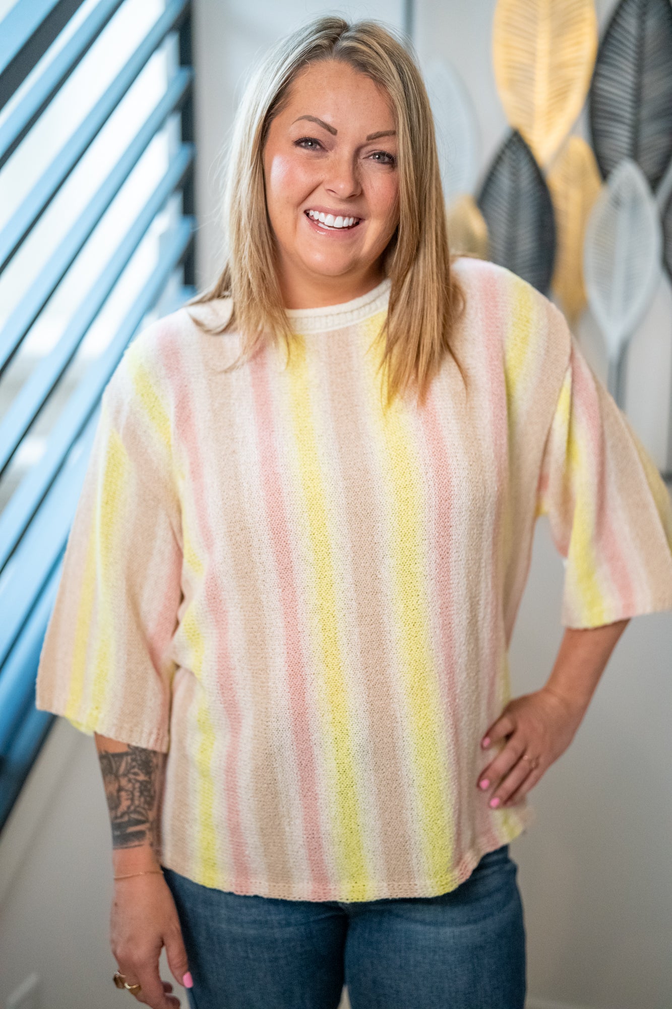 Easel Lemon Taupe Striped Knit Tunic Top - Buttercup Lynne Boutique
