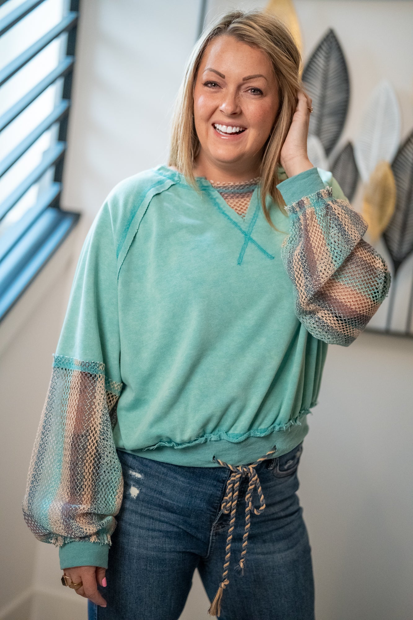 Oli & Hali Washed Mesh Sleeve Pullover