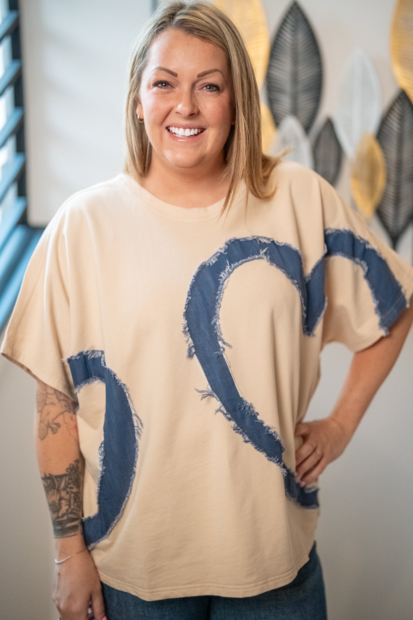 Easel Heart Patch Mineral Washed Knit Top - Buttercup Lynne Boutique