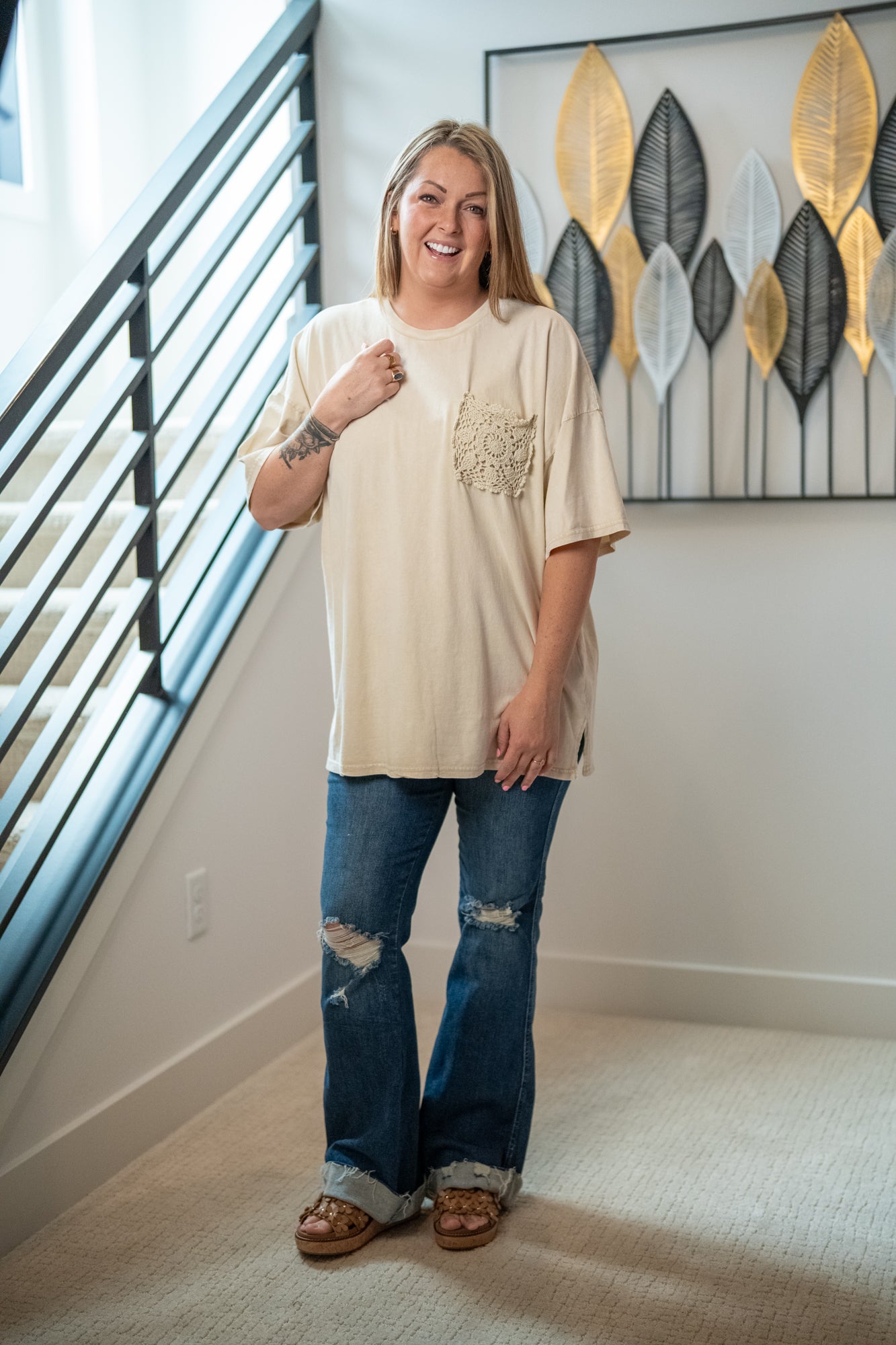 Easel Crochet Pocket Mineral Washed T-Shirt - Buttercup Lynne Boutique