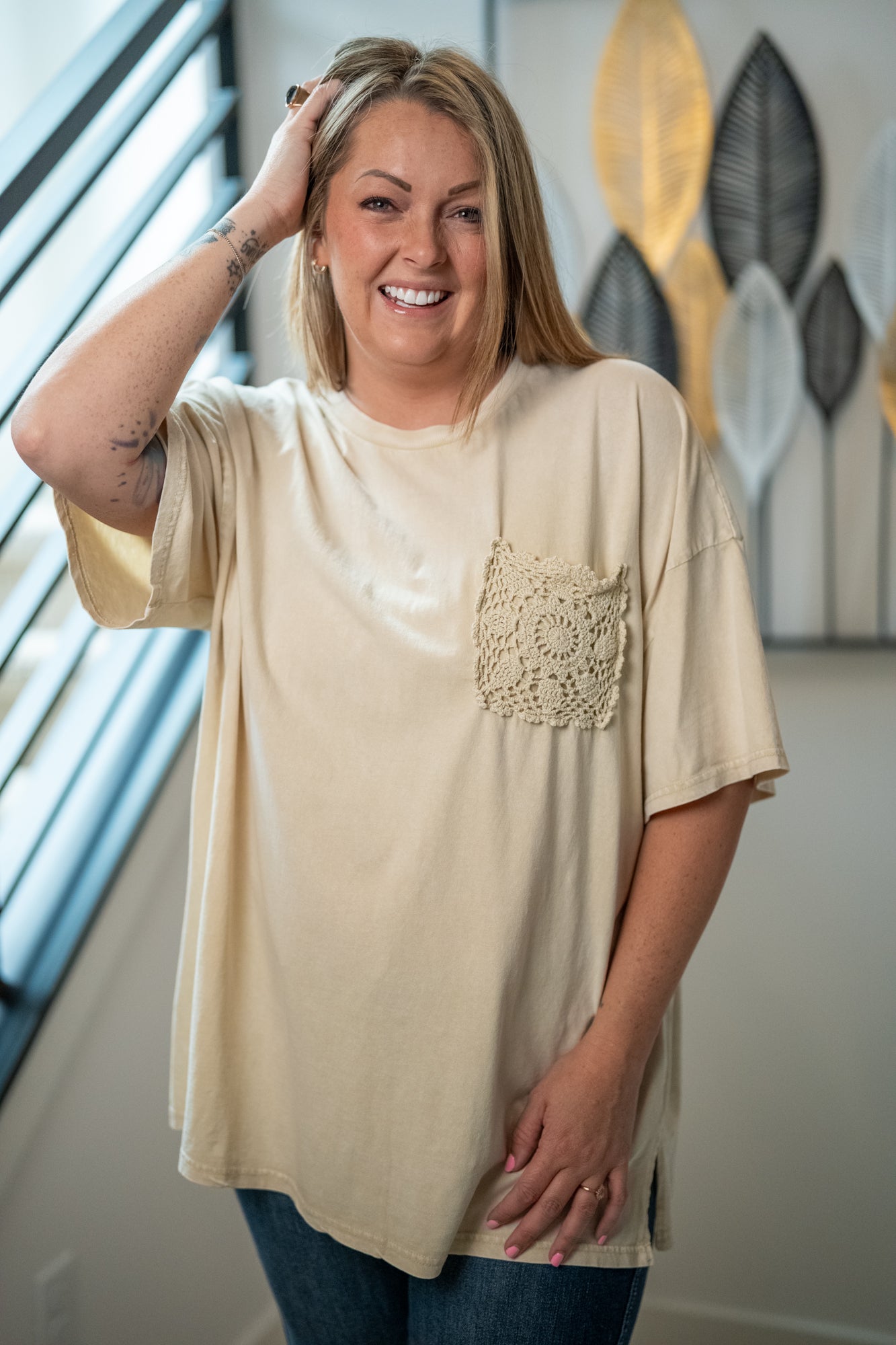 Easel Crochet Pocket Mineral Washed T-Shirt - Buttercup Lynne Boutique