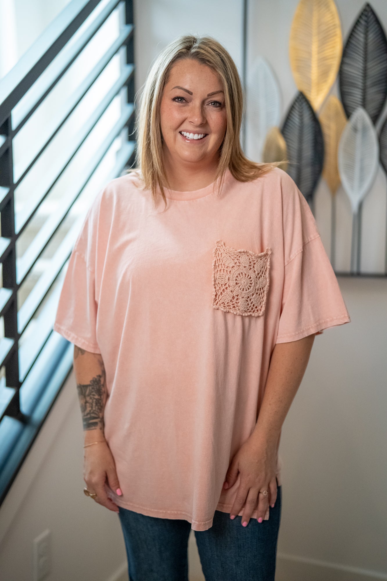 Easel Crochet Pocket Mineral Washed T-Shirt - Buttercup Lynne Boutique