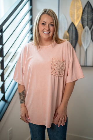 Easel Crochet Pocket Mineral Washed T-Shirt - Buttercup Lynne Boutique