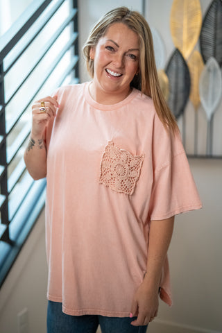 Easel Crochet Pocket Mineral Washed T-Shirt - Buttercup Lynne Boutique