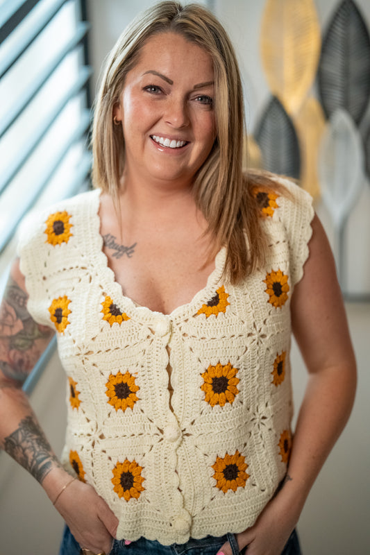 Sunflower Embroidered Vest - Buttercup Lynne Boutique