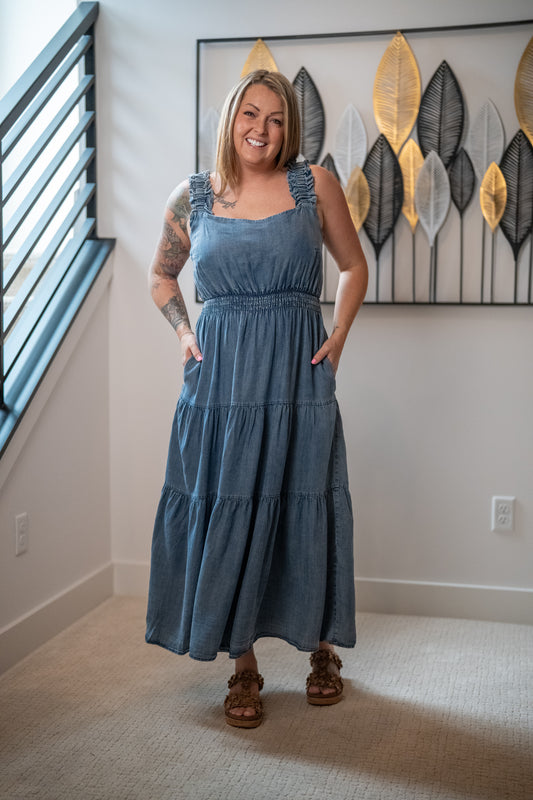 Easel Washed Chambray Tiered Maxi Dress - Buttercup Lynne Boutique