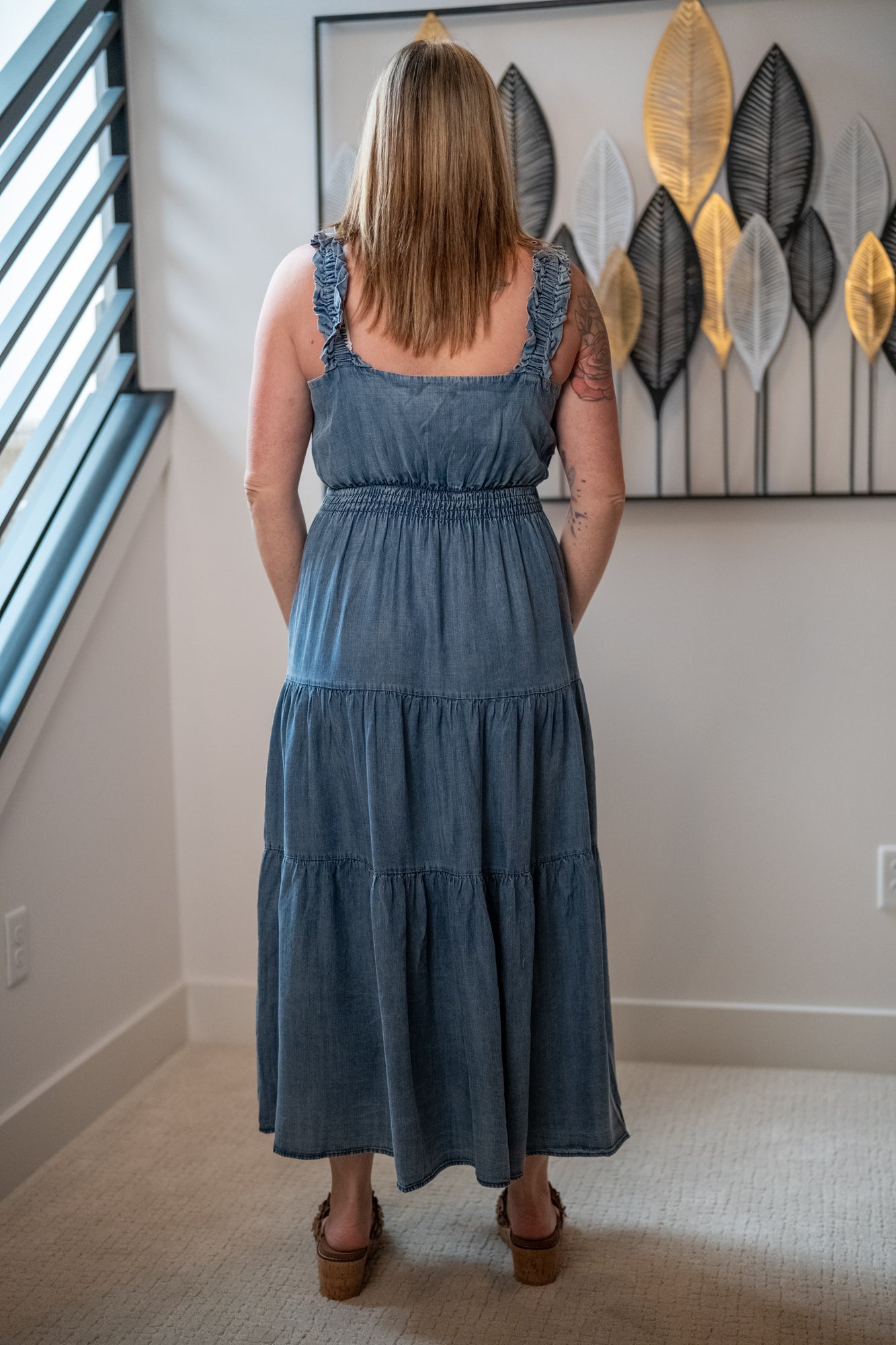 Easel Washed Chambray Tiered Maxi Dress - Buttercup Lynne Boutique
