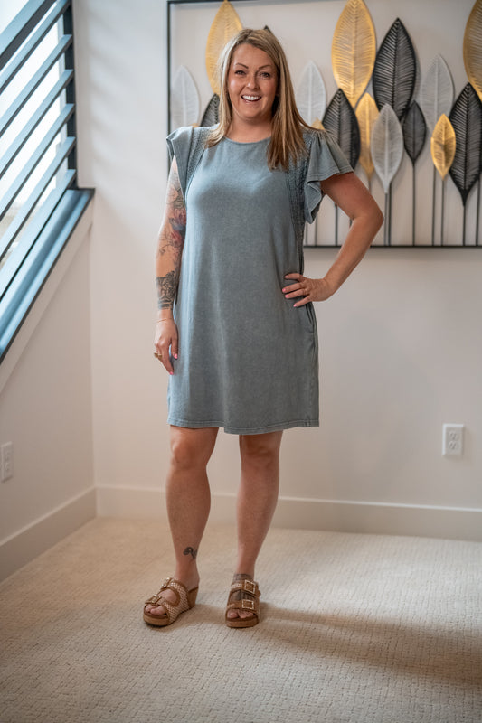 Easel Wing Sleeve Mineral Washed Dress - Buttercup Lynne Boutique