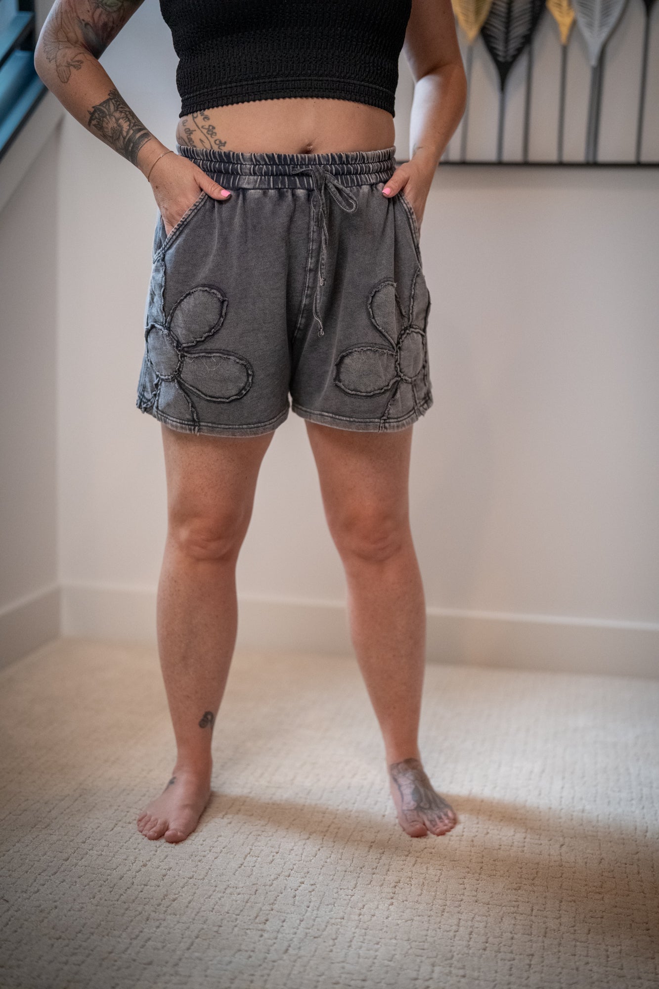 Flower Patch Mineral Washed Terry Knit Shorts - Buttercup Lynne Boutique