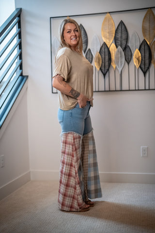 Easel Plaid Mix Washed Denim Pants - Buttercup Lynne Boutique