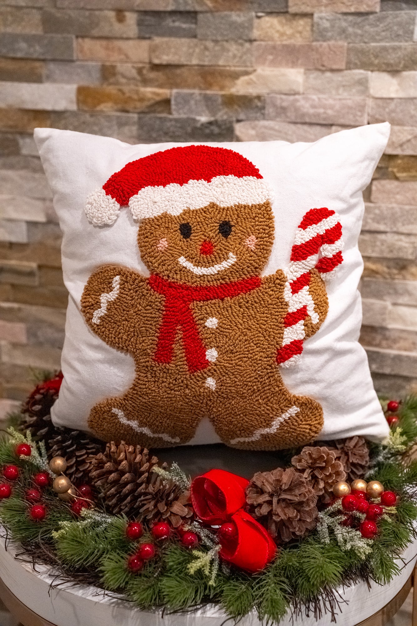 Candy Cane Gingerbread Santa Hooked Pillow - Buttercup Lynne Boutique
