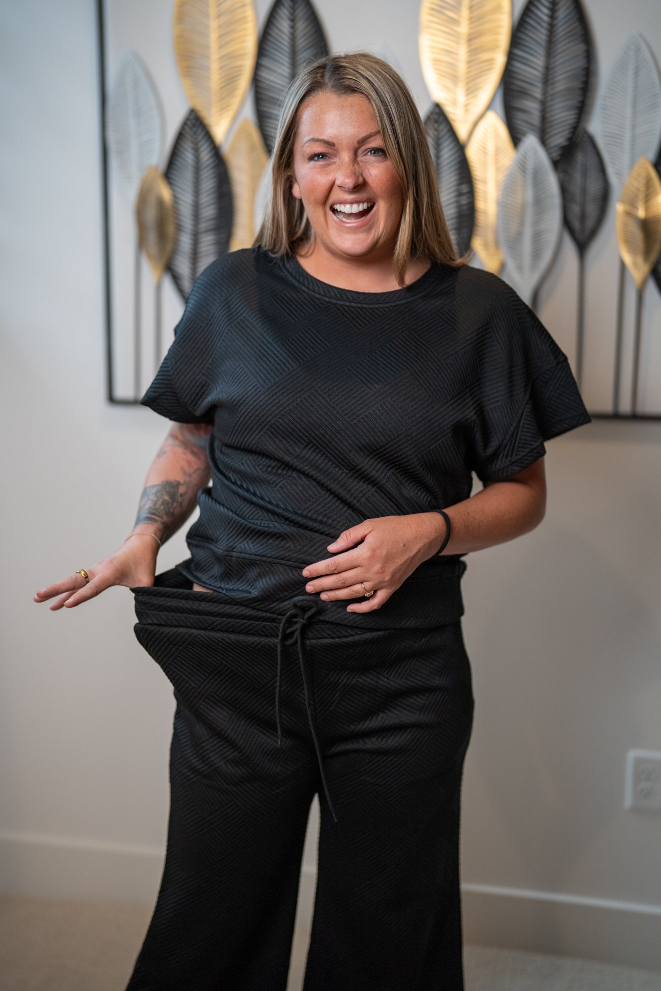 Textured Loose Fit T Shirt and Drawstring Pants Set (S-2XL) - Buttercup Lynne Boutique