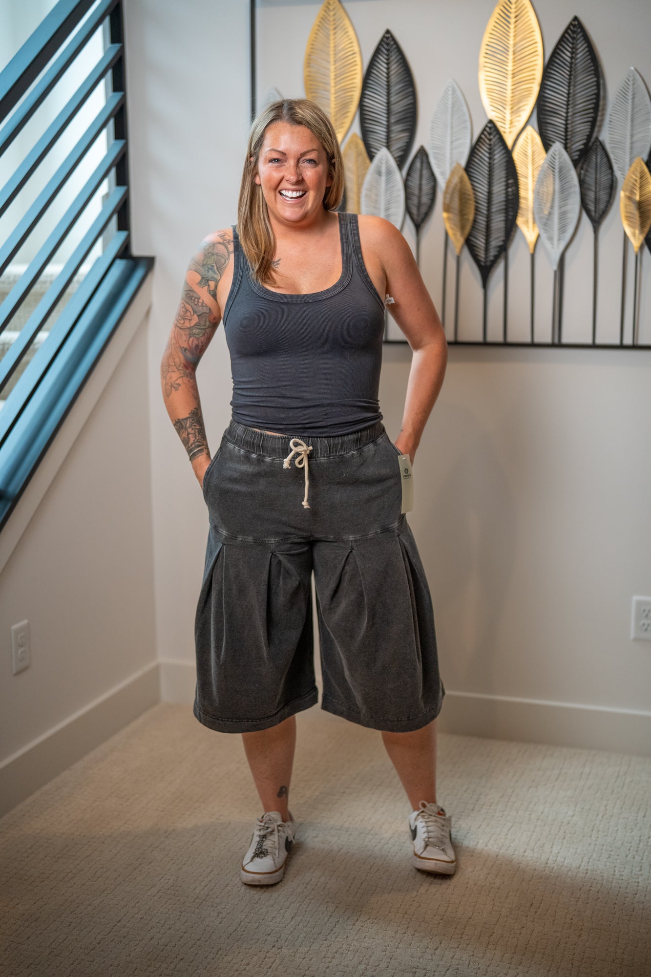 mono b - Mineral Wash Pleated Mid-Length Pants - Buttercup Lynne Boutique