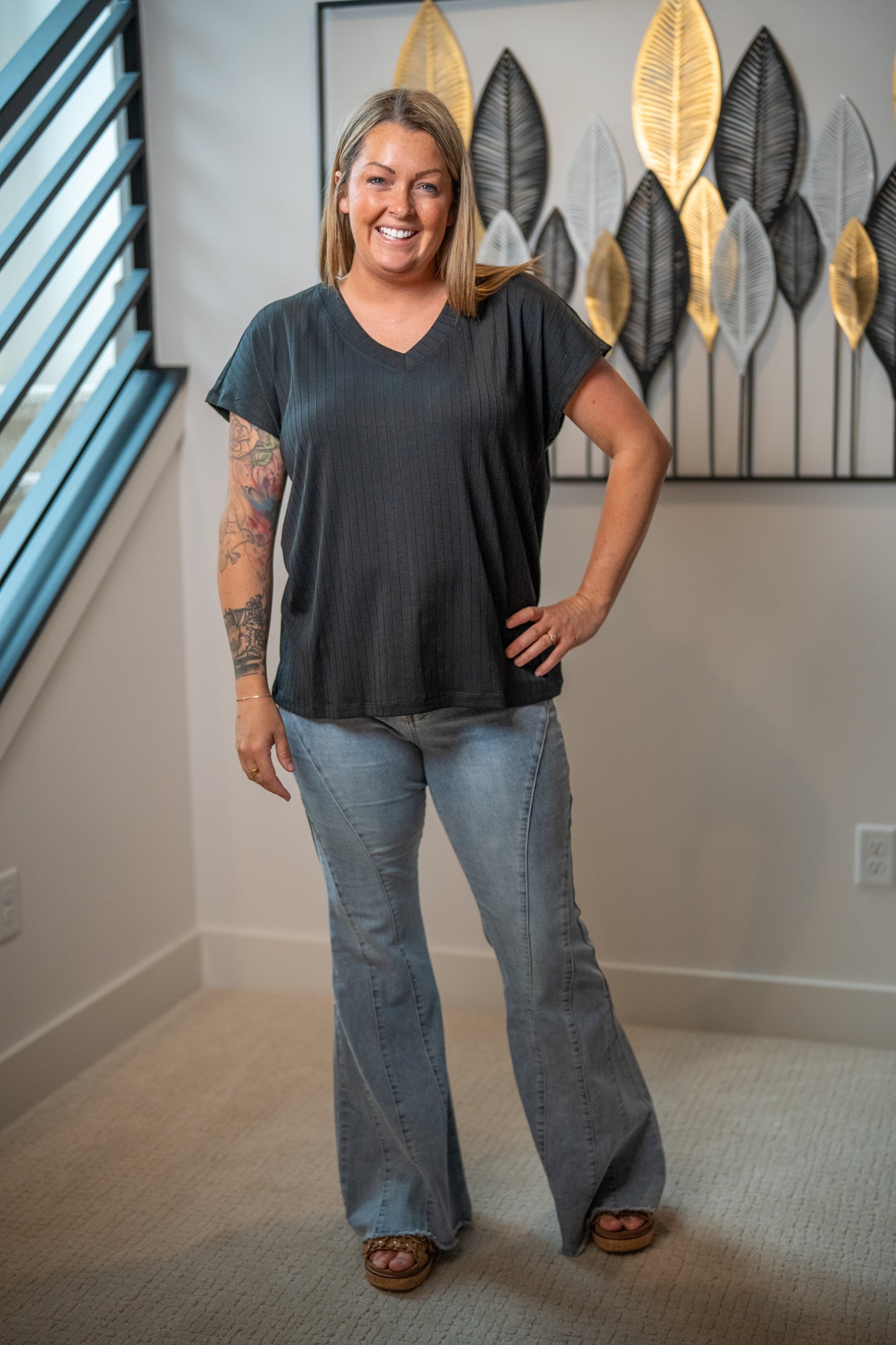 Easel Light Wash Stretch Bell Bottom Denim - Buttercup Lynne Boutique