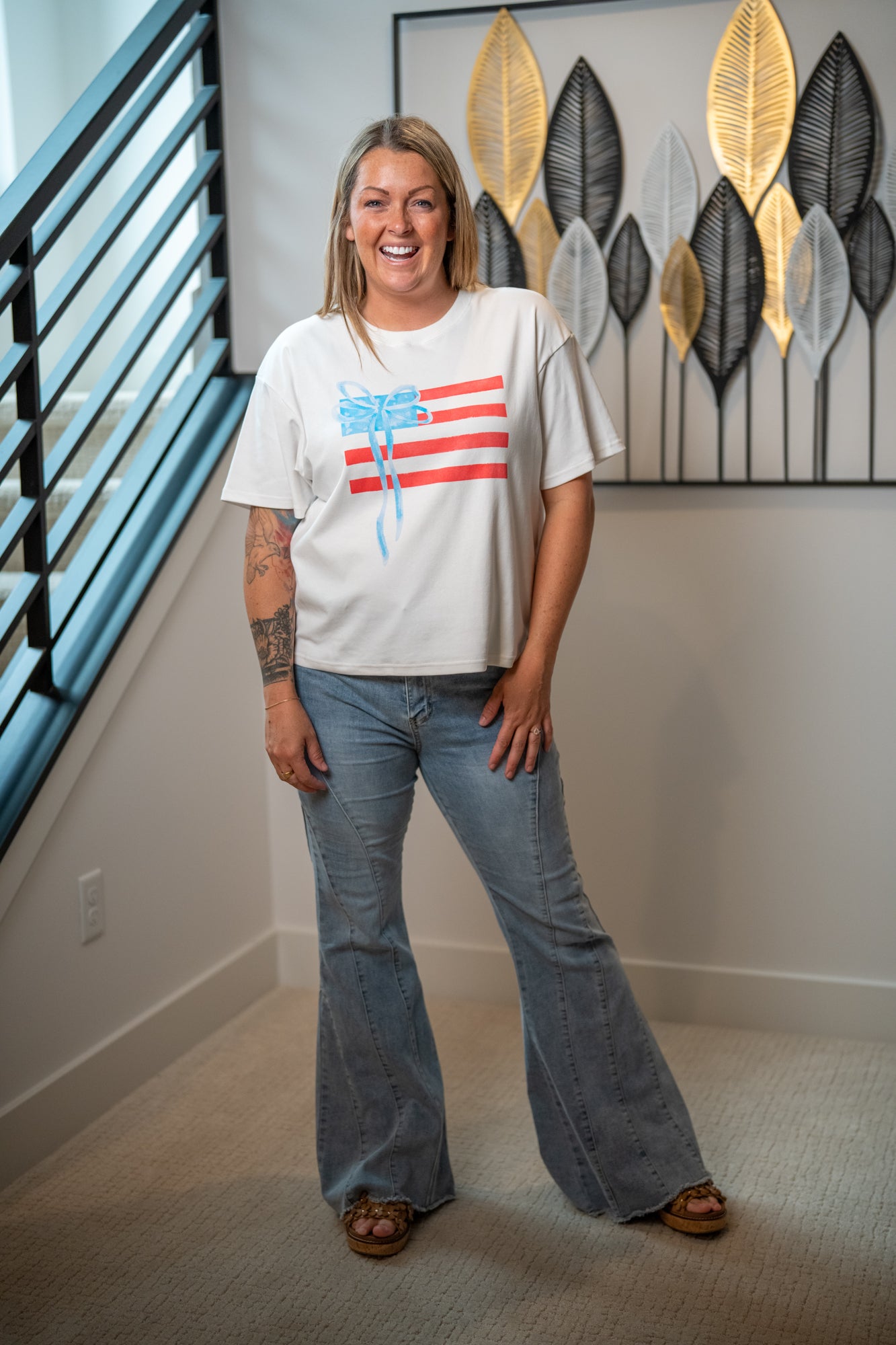 Gilli USA Flag Tee – Round Neck, Red & Blue Bow Graphic, Cotton Blend - Buttercup Lynne Boutique