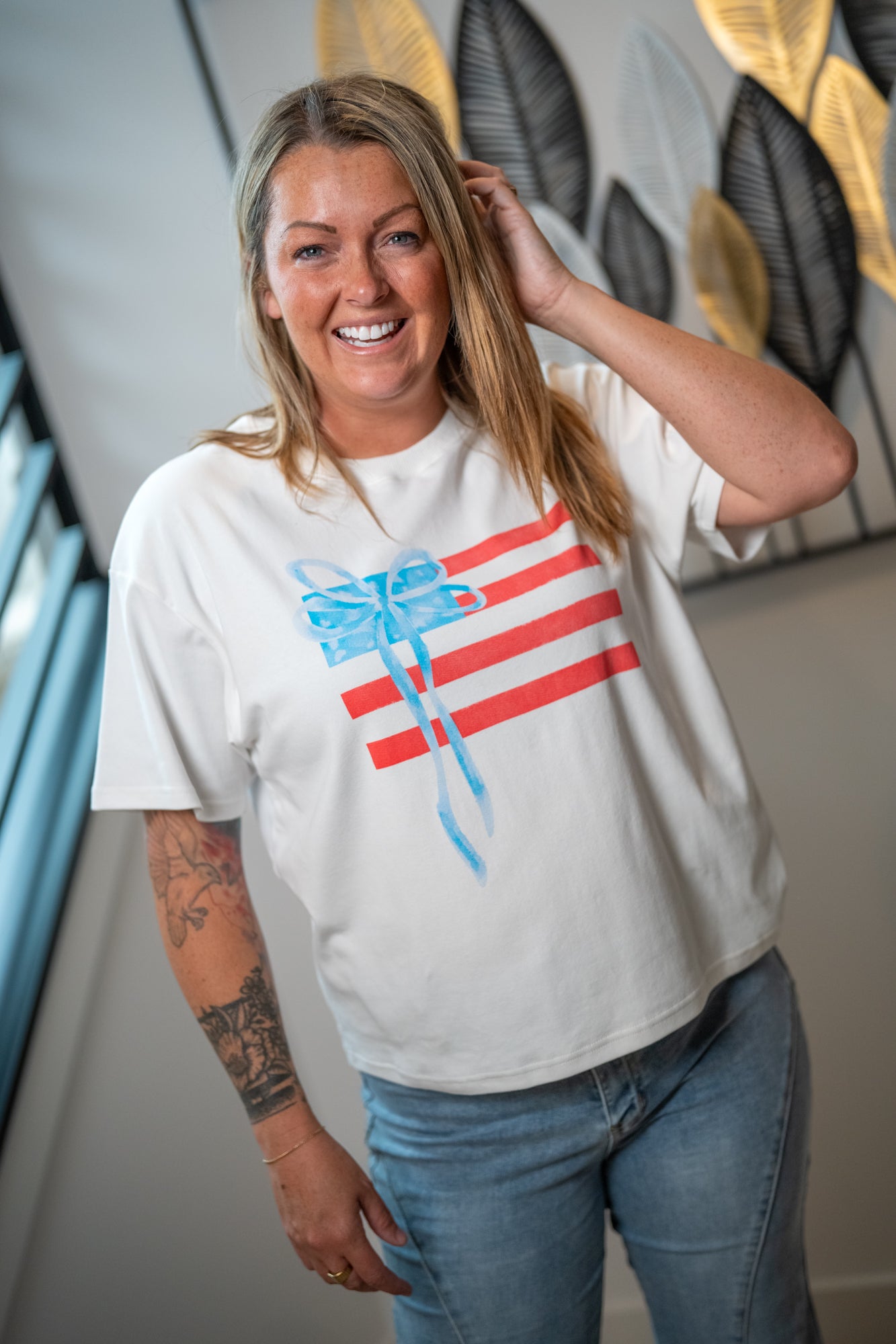 Gilli USA Flag Tee – Round Neck, Red & Blue Bow Graphic, Cotton Blend - Buttercup Lynne Boutique