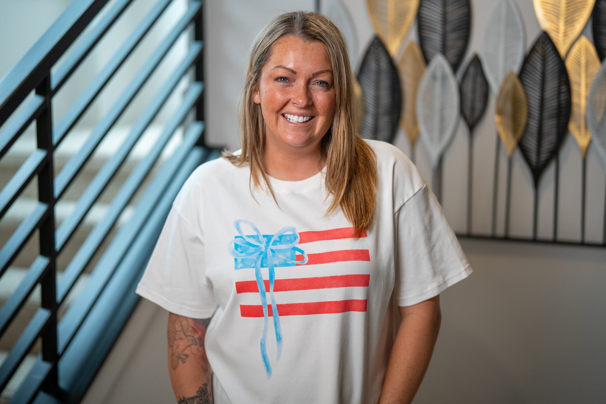 Gilli USA Flag Tee – Round Neck, Red & Blue Bow Graphic, Cotton Blend - Buttercup Lynne Boutique