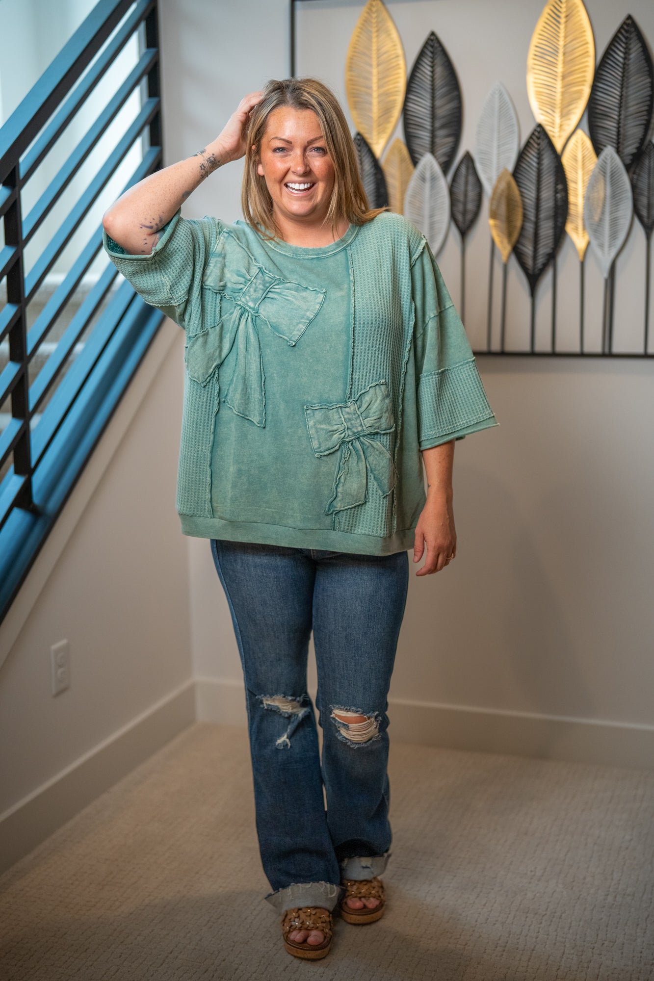 Easel Mineral-Washed Patchwork Bow Tunic Top - Buttercup Lynne Boutique
