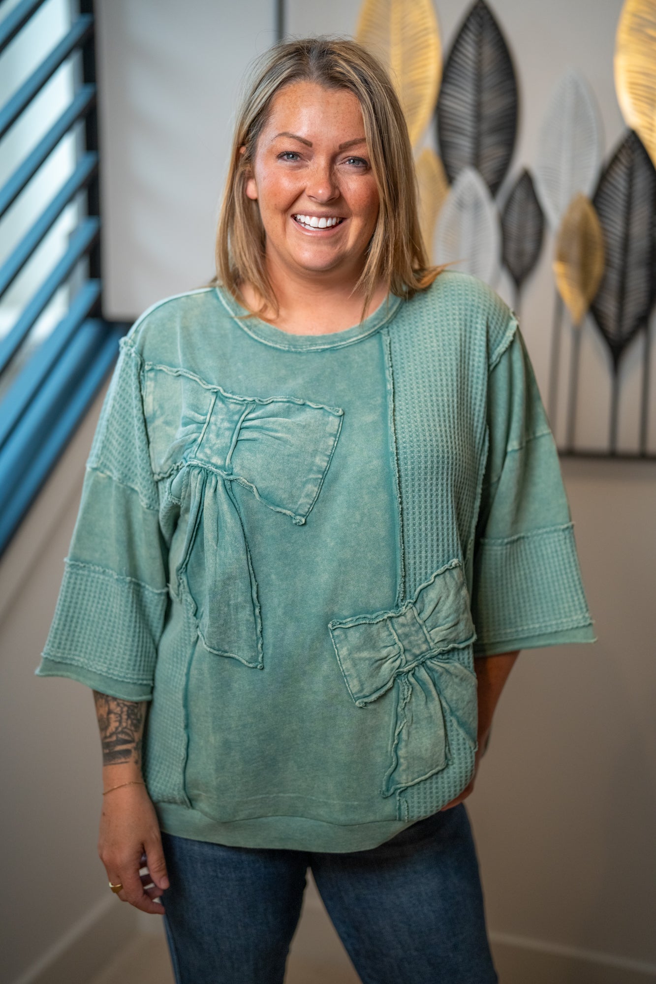 Easel Mineral-Washed Patchwork Bow Tunic Top - Buttercup Lynne Boutique