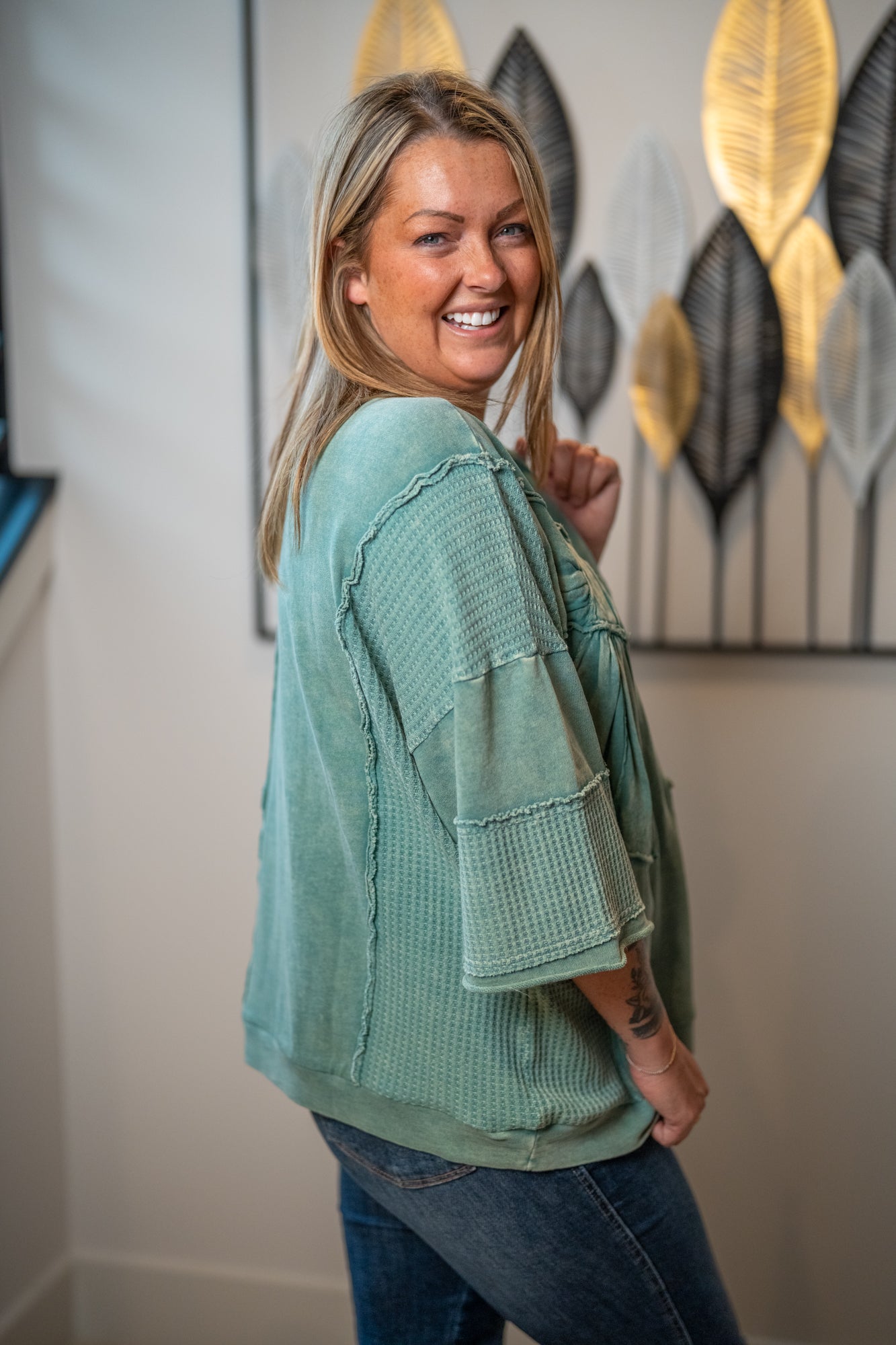 Easel Mineral-Washed Patchwork Bow Tunic Top - Buttercup Lynne Boutique